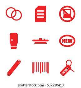 Sticker icons set. set of 9 sticker filled icons such as no laptop, cargo tag, bar code, bandage, camera lense, new