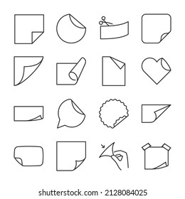 Sticker icons set. Paper with folded corners, label. Line with editable stroke