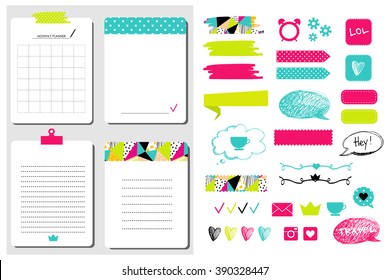 Sticker, icons, signs for organized your organizer. Monthly Planner. Template for notebooks,, scrapbooking, wrapping, wedding invitation, cards, diary.