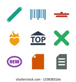 sticker icons. Trendy 9 sticker icons. Contain icons such as paper, new, cross, top of cargo box, heart in fire, camera lensecamera lense, bar code. sticker icon for web and mobile.
