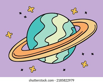 Sticker Illustration From The 1970s Set. Planet With Stars. Bright Memorable Design. Universal Use.
