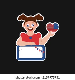 Sticker Illustration of American Flag Heart Showing Little Girl Support Blank Board Over Black Background.