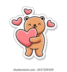 sticker illustration, cute bear and heart pillow with a Valentine's theme