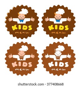 Sticker with illustration of little funny boy cook or chief and Kids Menu logo. In four different version, full colored, two colored and monochrome
