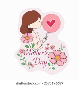 sticker illustration for mother's day daughter with a balloon and flowers