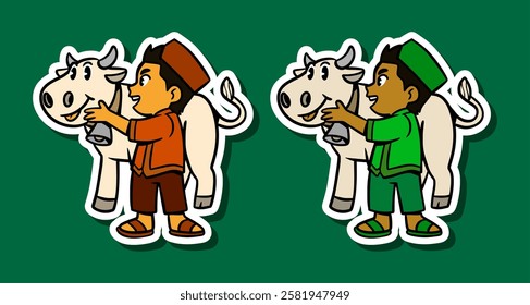 Sticker Illustration of a Muslim Boy with Cow
