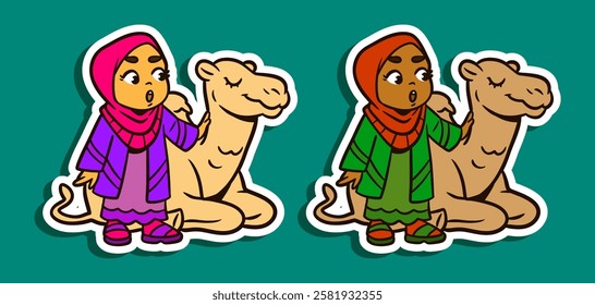 Sticker Illustration of a Muslim Girl with Camel