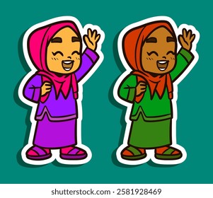 Sticker Illustration of a Muslim Girl Cartoon Character