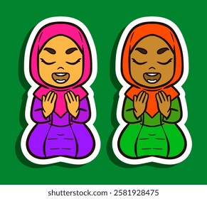 Sticker Illustration of a Muslim Girl Cartoon Character