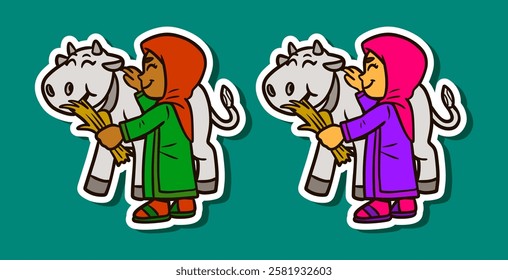 Sticker Illustration of a Muslim Girl with Cow