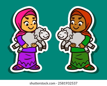 Sticker Illustration of a Muslim Girl with Lamb