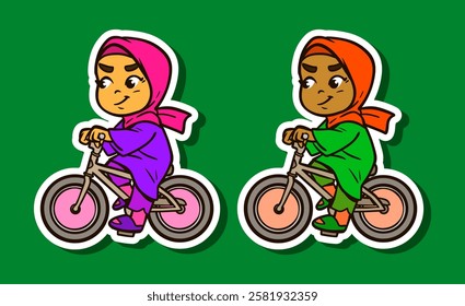 Sticker Illustration of a Muslim Girls Riding Bikes