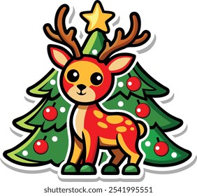 sticker illustration on reindeer decals with Christmas tree.
