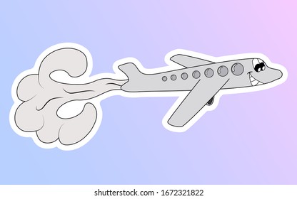 Pegatina con la imagen de un avión despegando con una sonrisa. Ilustración vectorial.