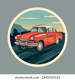 Pegatina con una Imagen de un coche retro clásico. Un coche rojo con un techo blanco recorre la carretera con el telón de fondo de las montañas y el cielo. Coche Antiguas.