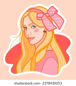 Sticker with the image of a cute smiling girl with long blonde curls with a decoration in the form of a large lush bow