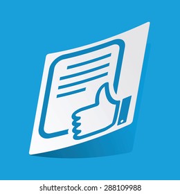 Sticker with image of document and thumbs up symbol, isolated on blue
