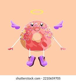 A sticker with the image of a donut. The concept of personification of food or kawaii food. Image of a cute donut with angel wings