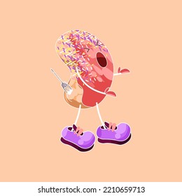 A sticker with the image of a donut. The concept of personification of food or kawaii food. The image of a cute donut that screams from the pain that the fork brings