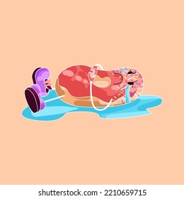 Ein Aufkleber mit dem Bild eines Donuts. Das Konzept der Personifizierung von Lebensmitteln oder kawaii-Lebensmitteln. Bild eines süßen Donuts, der traurig ist