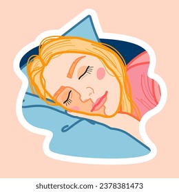 Sticker with the image of a female portrait. Sleeping girl with blonde hair in a cozy pose