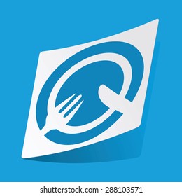 Sticker with image of fork and knife lying on plate, isolated on blue