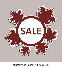 A sticker image in a form of a circle with wine red maple leaves of different sizes, a white outline and a writing "SALE"of a wine red color on a white background
