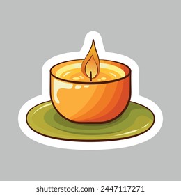 Sticker with an image of a lit candle in an orange candlestick standing on a green cup. A candle creates a feeling of warmth and comfort.