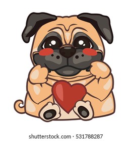 Sticker with the image of a pug dog breed, who is embarrassed and keeps a heart