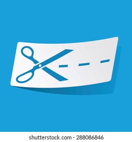 Sticker with image of scissors cutting along the line, isolated on blue