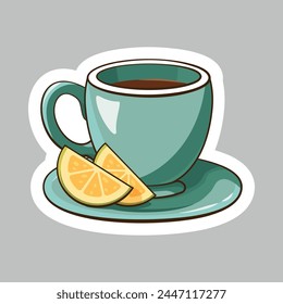 Sticker with an image of a sea green cup with coffee or tea and two slices of lemon