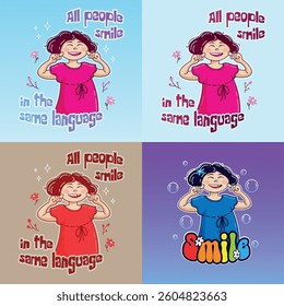 a sticker with the image of a smiling girl and the inscription all people smile in the same language