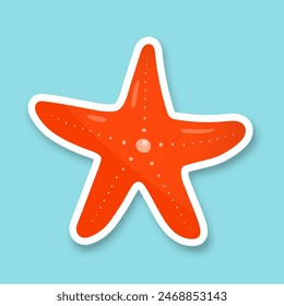 Sticker with the image of a starfish on a blue background. The icon with the image of a shell. Trendy pop art design of the 80s. Vector EPS 10.