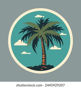 Sticker with an image of a stylized palm tree against a background of a turquoise sky with white clouds. Bright and minimalistic design in retro style. The image is framed in a round frame.