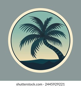 Sticker with an image of a stylized palm tree growing by the sea against a background of a gradient sky. The image in a round frame creates an atmosphere of calm and tropical comfort.