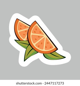 Sticker with an image of two orange slices and green leaves. It showcases a simple yet attractive design that can be used for a variety of decorative purposes.