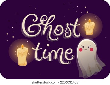 Sticker inscription ghost time with a cute ghost, stars and candles in cartoon style