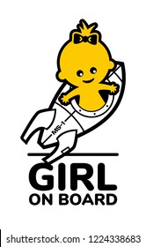 Sticker with inscription Girl on board and a picture of a girl in a spaceship
