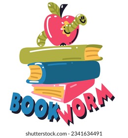 Sticker with the inscription school bookworm. A stack of books, a red apple with a green worm. School illustration in cartoon style. printing on school-themed T-shirts