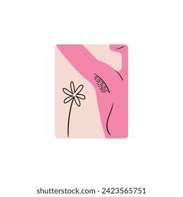 Sticker for International Women's Day. Stylish and vector illustration dedicated to feminism – a girl shows a hairy armpit. Badge for women's rights and equality.
