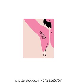 Sticker for International Women's Day. Stylish and vector illustration dedicated to feminism – a girl shows a hairy armpit. Badge for women's rights and equality.
