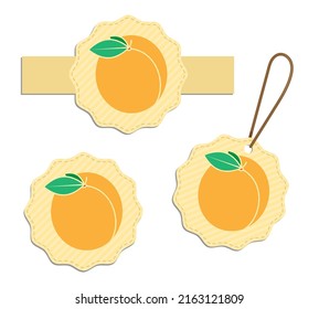 Sticker for jar of apricot jam packaging. Canned vegetables and fruits. Summer harvest. Advertising poster with peach fruit silhouette. Simple flat vector