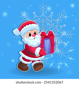 Sticker with jolly Santa Claus, with a gift, on the background of a snowflake pattern.