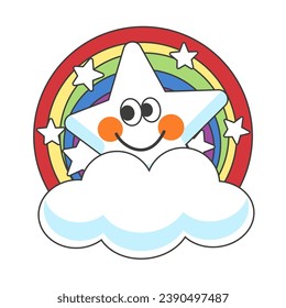 Sticker joyful star on a round rainbow with small stars and hearts in the clouds. Flat style. Vector illustration.