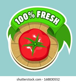 Sticker with a juicy tomato on a wooden board with green ribbon labeling a freshness 