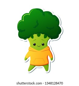 Sticker kawaii broccoli character. Cute broccoli in yellow hoodies. Vector illustration.