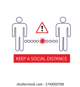 Pegatina. Mantener una distancia social para prevenir la infección por coronavirus. Ilustración plana del vector