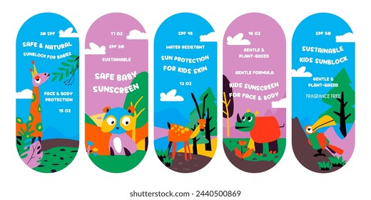 Sticker kids sunscreen package design set. Colorful label collection with flat animals in nature landscape, vector illustration. Creative tag for sunblock product, face skin care