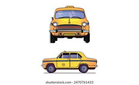 Sticker of Kolkata yellow taxi. front and side view of an Indian yellow color taxi