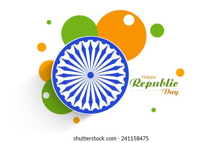 Sticker or label with Ashoka Wheel and national flag color for Happy Indian Republic Day celebration.